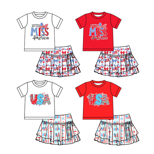 Custom moq 5 mix size Baby Girls' 4th of July Outfit Set Printed Short-Sleeved Top And Skirt