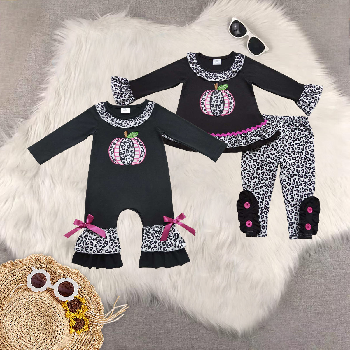 RTS NO MOQ Sibling Baby girls embroidery halloween pumpkin long-sleeved trousers suit & romper