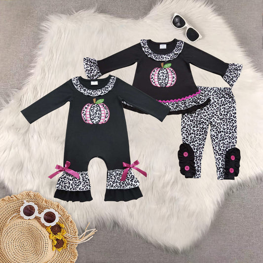 RTS NO MOQ Sibling Baby girls embroidery halloween pumpkin long-sleeved trousers suit & romper