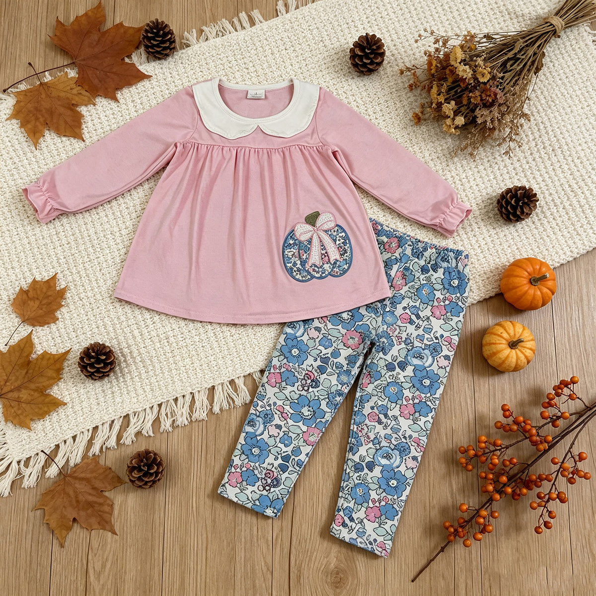 NEW RTS NO MOQ milk silk GLP3319 Embroidery Girls Floral Pumpkin Print Collared Tunic Long Legging Fall Outfit Set
