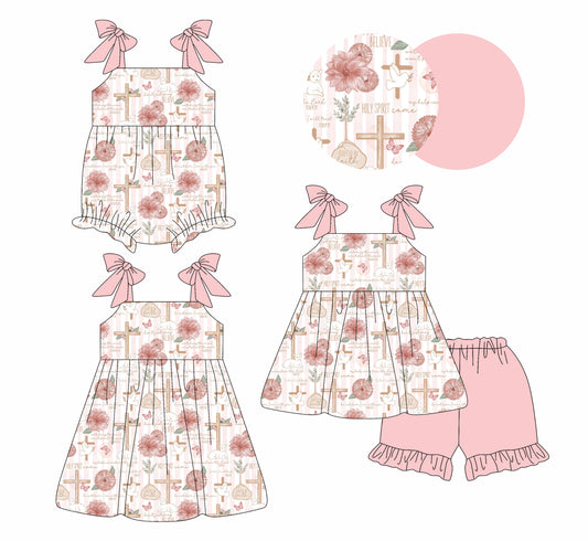 26.1.14 custom each style moq 5 eta 6-8week Sibling Sister bow baby short sleeve shorts sets and romper and dress match design