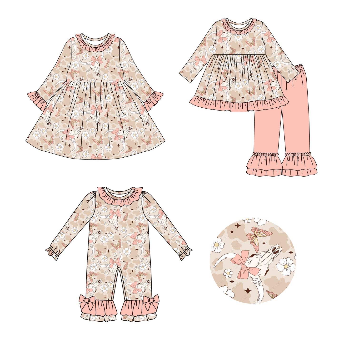 25.7.30 custom each style moq 5eta 4-6week Sibling Sisters cow head bow baby girl long sleeve pants sets and dress and rompers match family design
