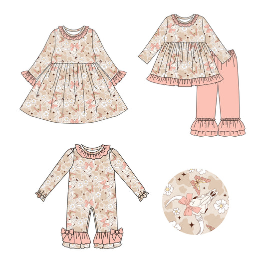 25.7.30 custom each style moq 5eta 4-6week Sibling Sisters cow head bow baby girl long sleeve pants sets and dress and rompers match family design