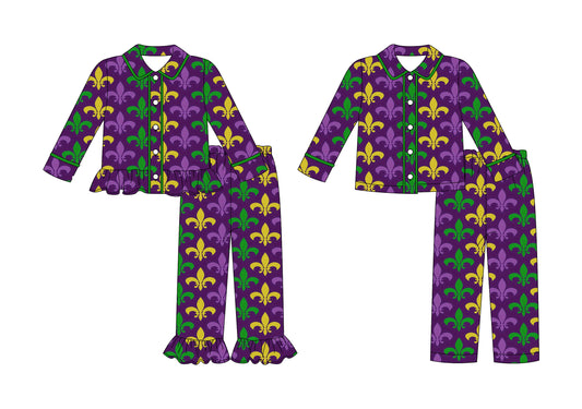 25.9.8 custom each style moq 5 eta 4-6week Sibling Sisters mardi gras baby girl boy long sleeve pants sets 2