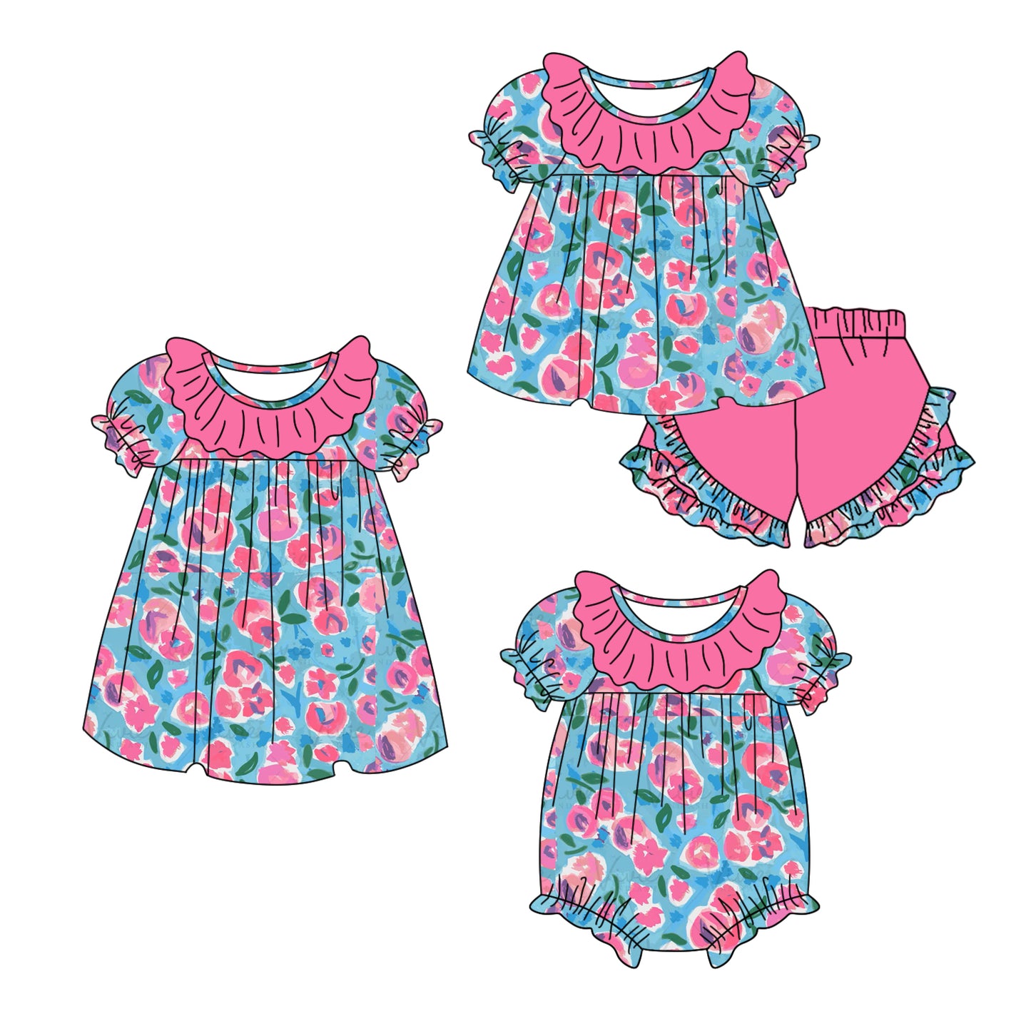 11.6 custom each style moq 5eta 4-6week Sibling Sister floral baby girl short sleeve shorts sets and dress and rompers match family design