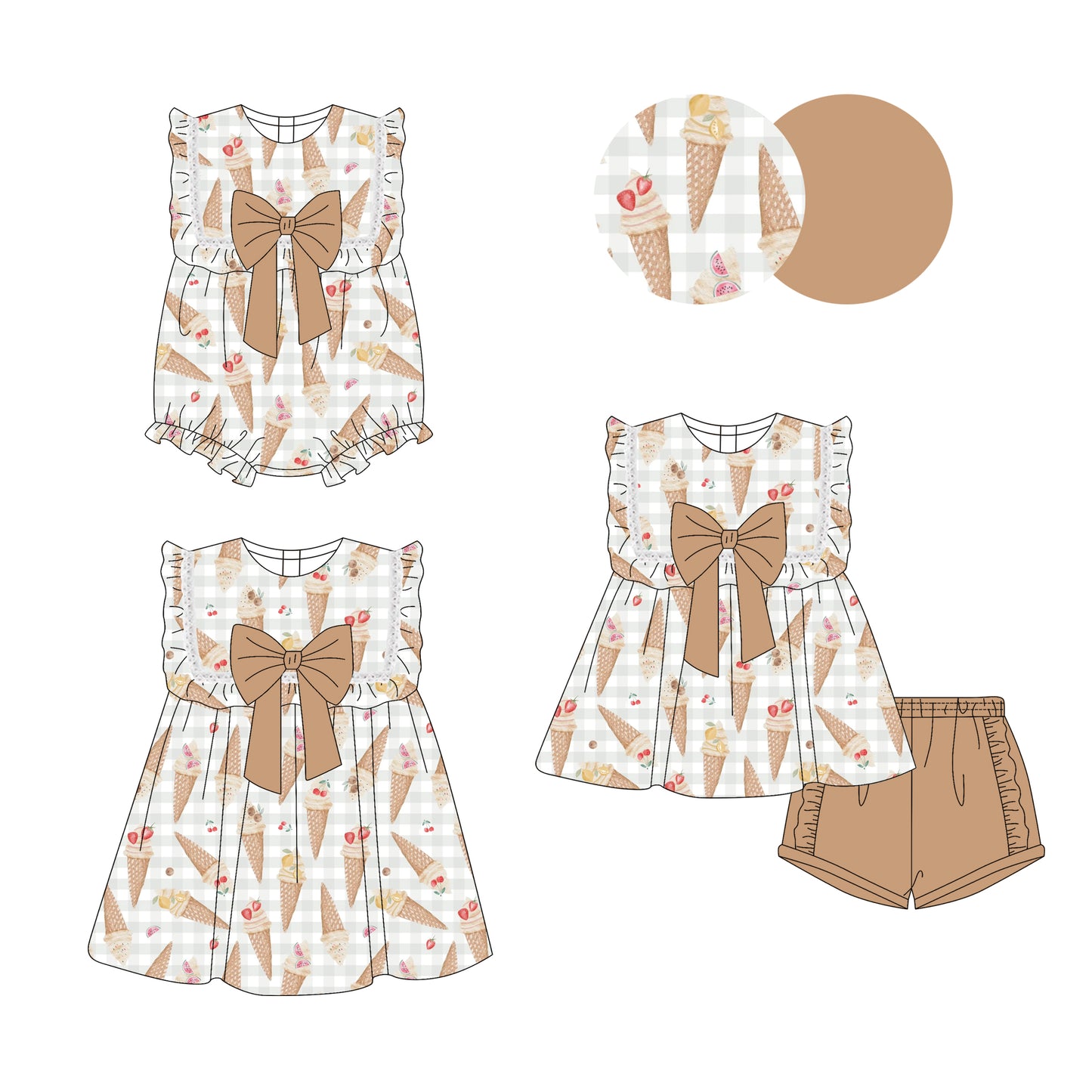 3.28 custom each style moq 5eta 4-6week Sibling Sisters ice cream baby girl short sleeve shorts sets and dress and rompers match family design