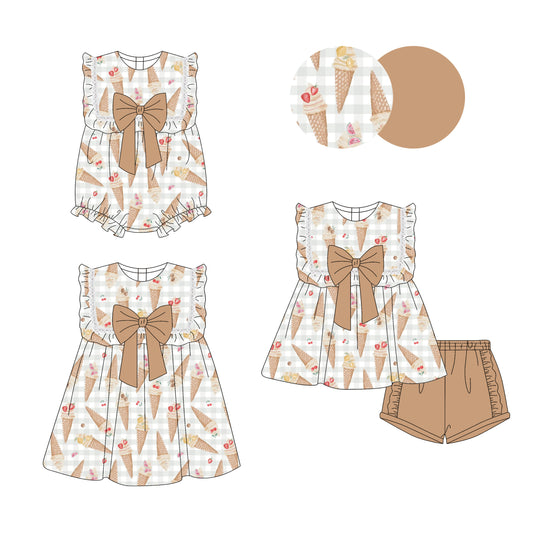 3.28 custom each style moq 5eta 4-6week Sibling Sisters ice cream baby girl short sleeve shorts sets and dress and rompers match family design