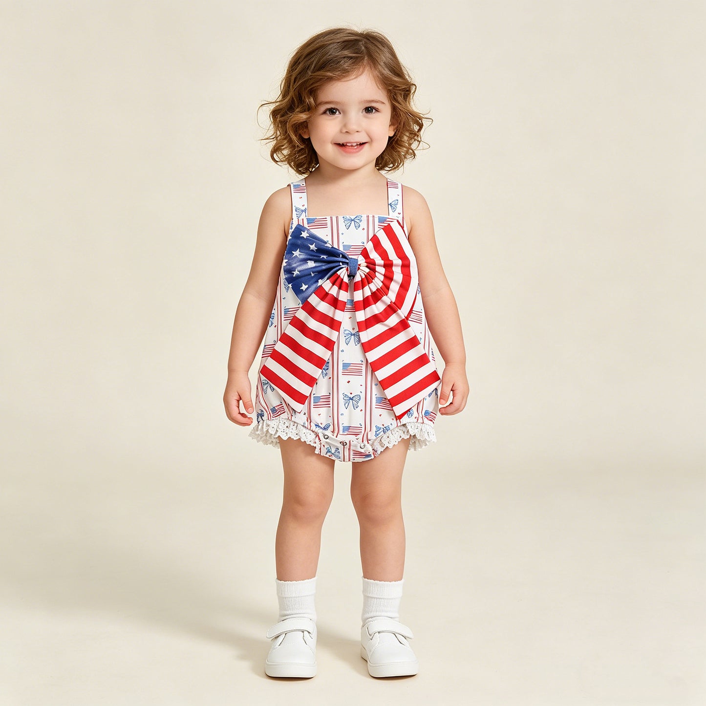 RTS NO MOQ SR3862 milk silk Baby Girls Cute Strap Flag Bow Stripe 4th of July Rompers