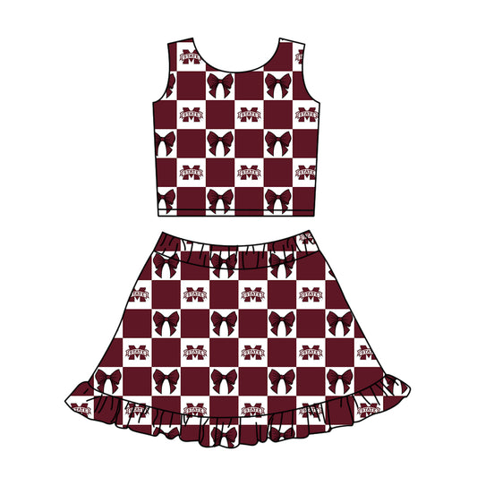 Custom moq 3 or 5 mix size milk silk summer teams baby girl clothes bow brick red sleeveless skirts sets-26.1.19
