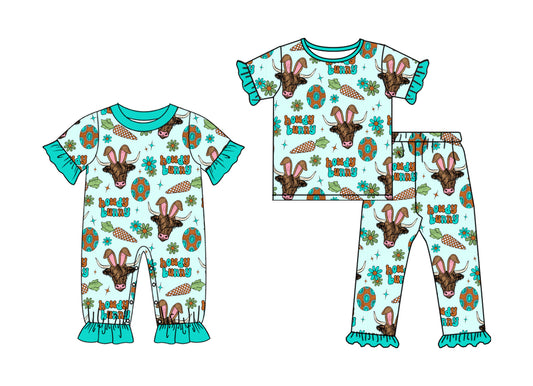 25.10.31 custom each style moq 5 eta 6-8week Sibling Sisters cow head easter baby girl clothes short sleeve pants sets and romper match family design