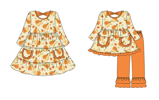 25.7.18 custom each style moq 5eta 4-6week Sibling Sisters pumpkin baby girl long sleeve pants sets and dress match family design