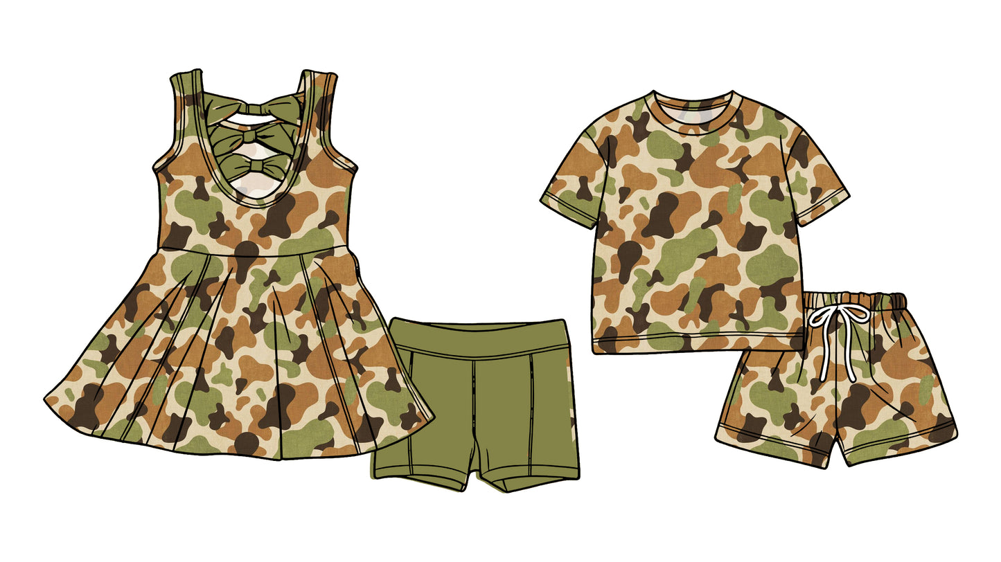 3.6 Custom moq 5 mix size Sibling Baby Girls Camouflage Green Sleeveless Back Bows Tunic Shorts Matching Short-Sleeved Shorts Set