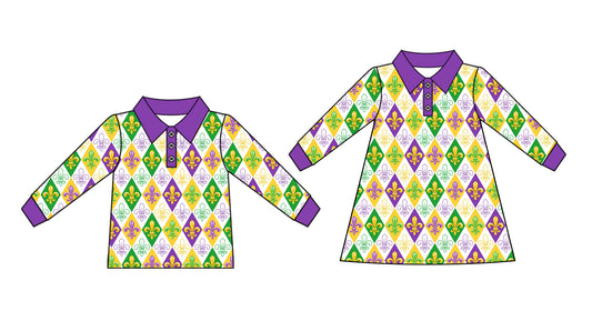 25.9.6 custom each style moq 5 eta 4-6week Sibling Sisters mardi gras baby girl long sleeve dress and top match family design