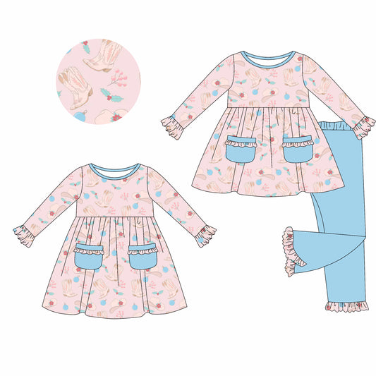25.5.30 custom each style moq 5eta 4-6week Sibling Sisters boot floral baby girl long sleeve pants sets and dress match family design