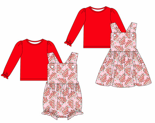 25.6.19 custom each style moq 5eta 4-6week Sibling Sisters Christmas trees red baby girls short sleeve dress and short sleeve rompers and top 1 and top 2 match family design