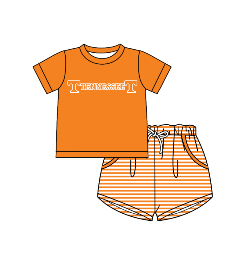 Custom moq 5 mix size milk silk summer teams Boys Short Sleeve Top Orange Striped Shorts Set With Matching Romper Girls Flutter Sleeve Polka Dot Dress Romper