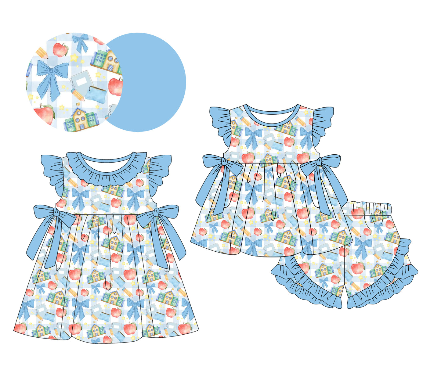 Custom moq 5 mix size Sibling Baby Girl's Back to School Blue Short-Sleeved Top And Shorts Set Cute Dress for Summer