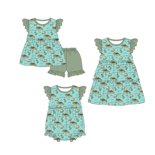 4.9 custom each style moq 5eta 4-6week Sibling Sisters fishing baby girl short sleeve shorts sets and dress and rompers match family design
