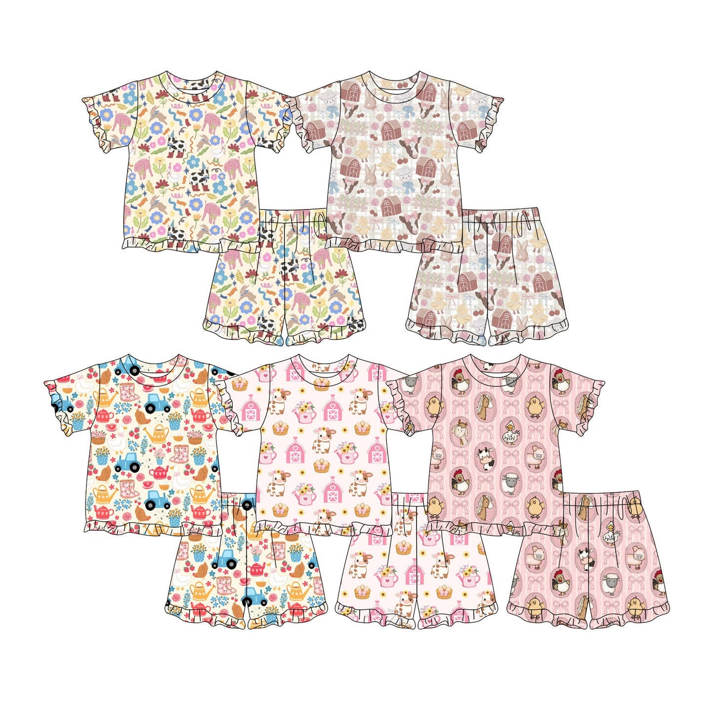 Custom moq 5 mix size Sibling Baby Girl's Print Short-Sleeved Top And Shorts Set Cute And Comfortable Outfit for Little Ones