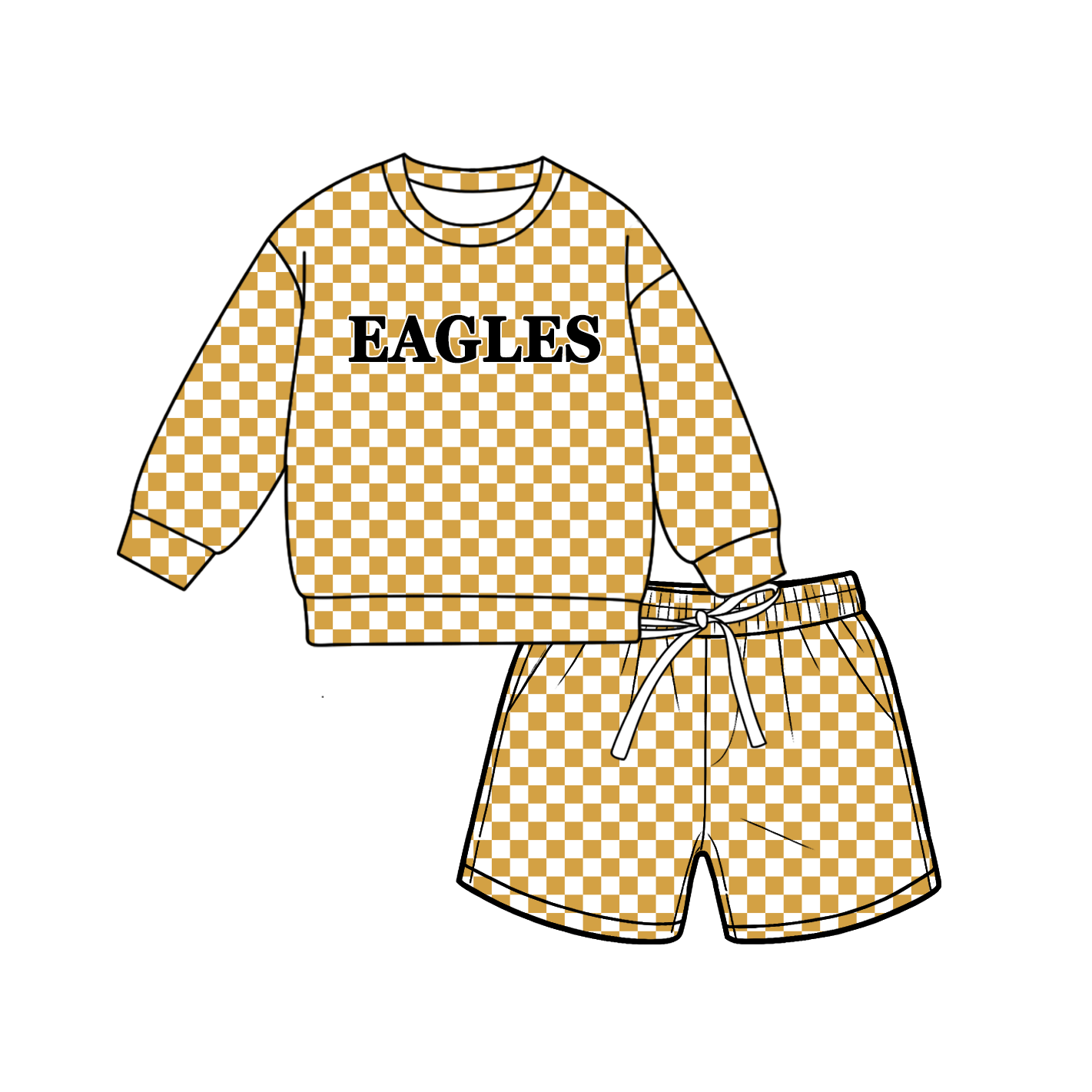 custom moq 5 mix size MSD070703 Baby Kids Checked Long Sleeve Top Drawstring Shorts Clothes Set