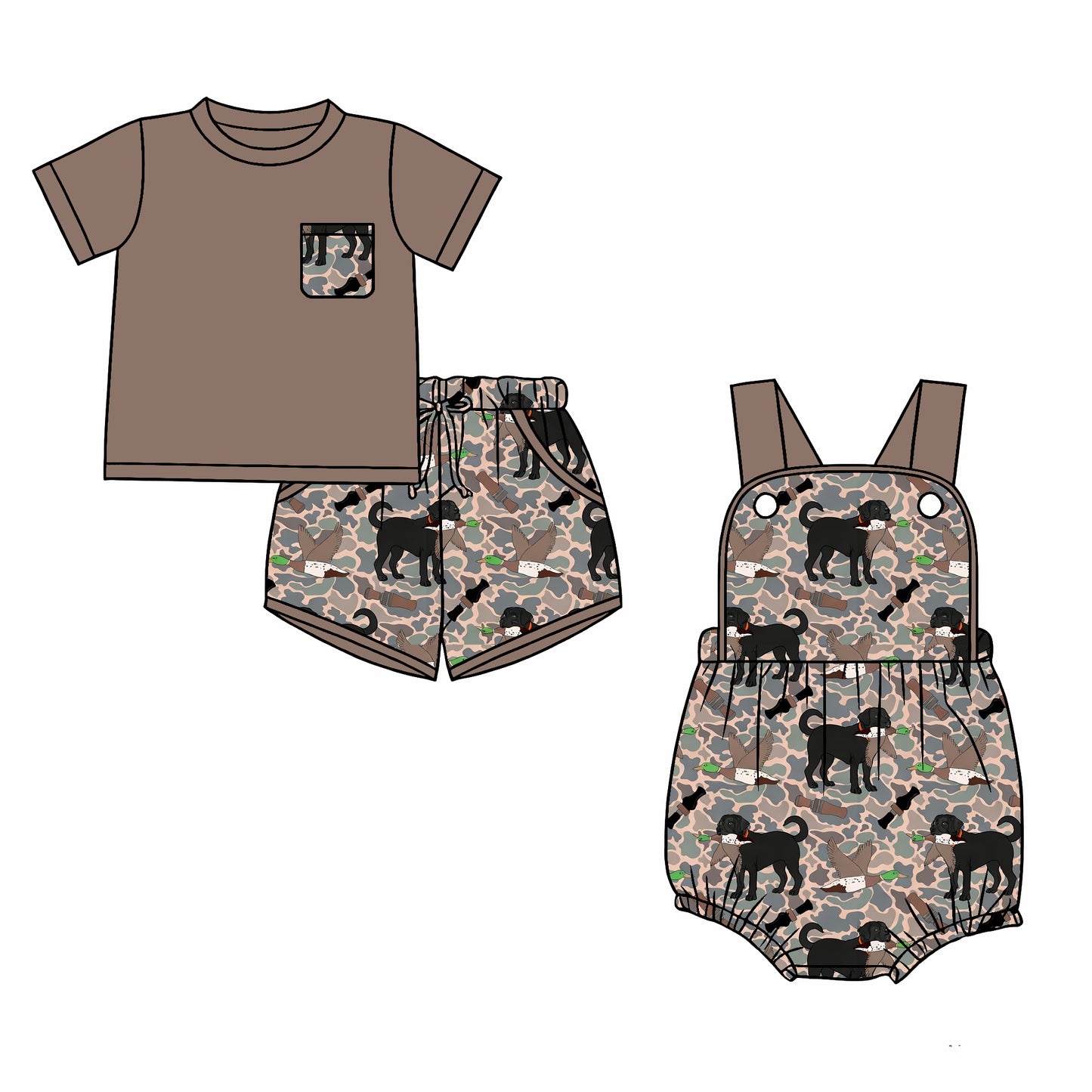 26.1.1 custom each style moq 5 eta 6-8week Sibling Sister camouflage duck puppy baby boy short sleeve shorts sets and romper match design