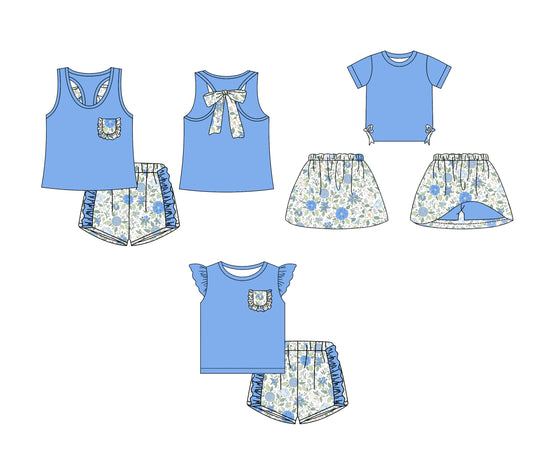 12.14 custom each style moq 5eta 4-6week Sibling Sister floral blue baby girl short sleeve shorts sets 1 and sets 2 and dresses match design