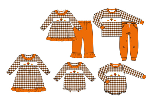 25.7.21 custom each style moq 5 eta 4-6week Sibling Sisters pumpkin turkey baby girl long sleeve pants sets 1 and sets 2 and romper 1 and romper 2 and dress match family design