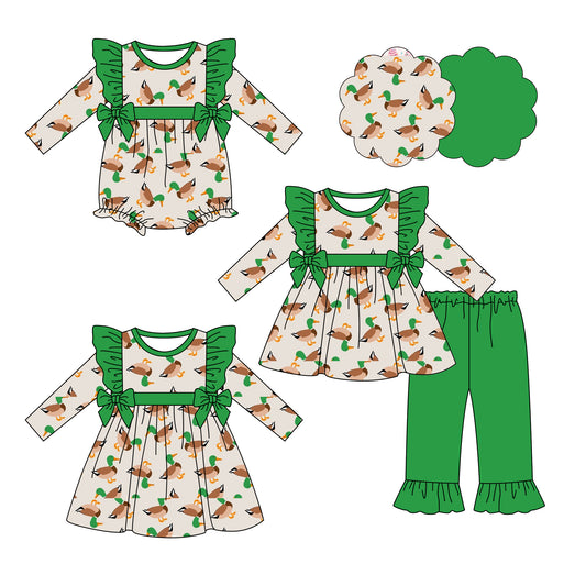 25.6.14 custom each style moq 5eta 4-6week Sibling Sisters duck green baby girl long sleeve pants sets and dress and rompers match family design