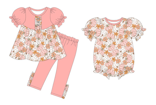 25.5.22 custom each style moq 5eta 4-6week Sibling Sister pumpkin floral baby girl short sleeve pants sets and sets 2 and rompers match family design