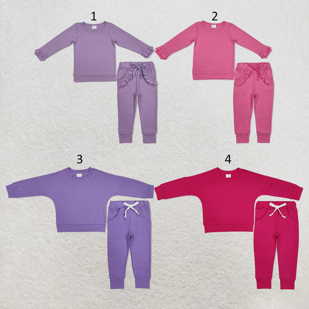 RTS NO MOQ Sibling cotton Baby Girls Solid Color Long Sleeve Shirt And Elastic Waist Pants Sports Clothes Set