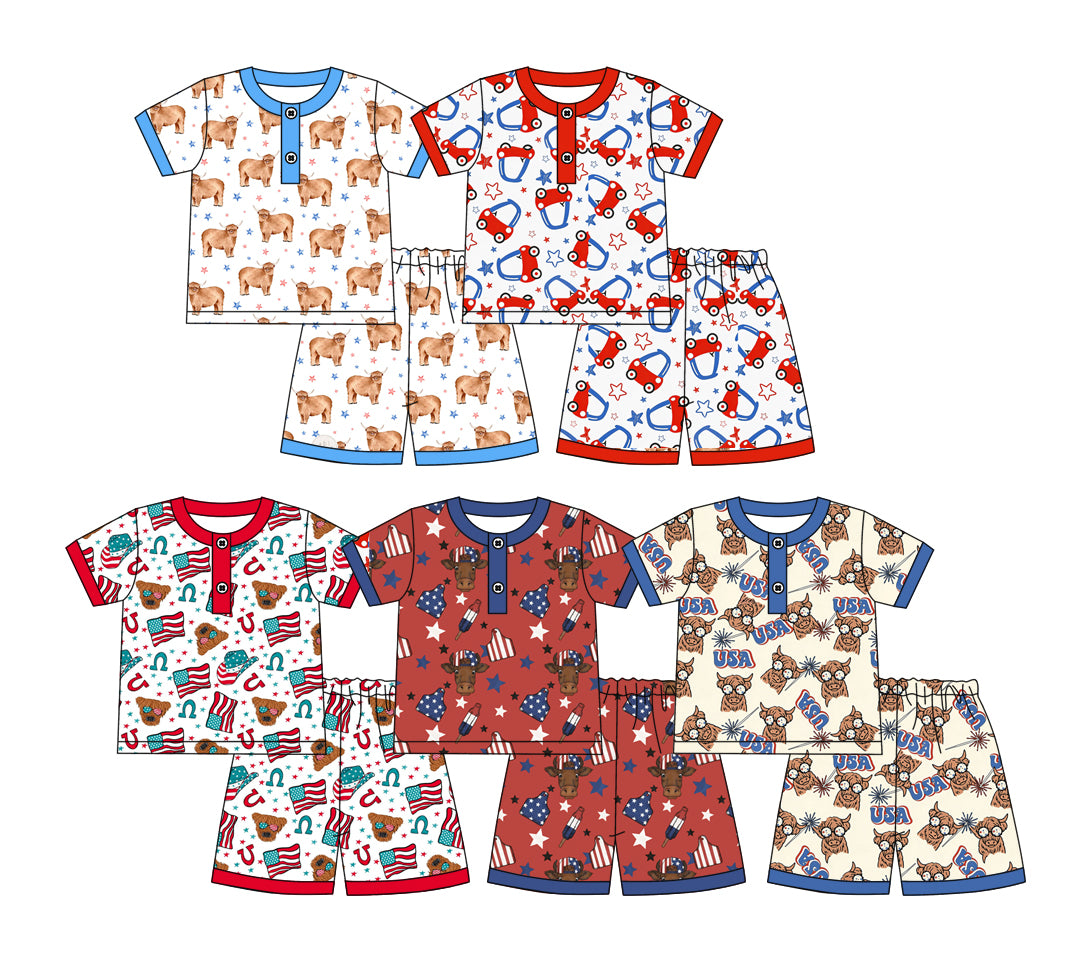 Custom moq 5 mix size Sibling Baby Boy's Bull-Print Short-Sleeved 4th of July Pajama Set Comfortable Sleepwear for Infants