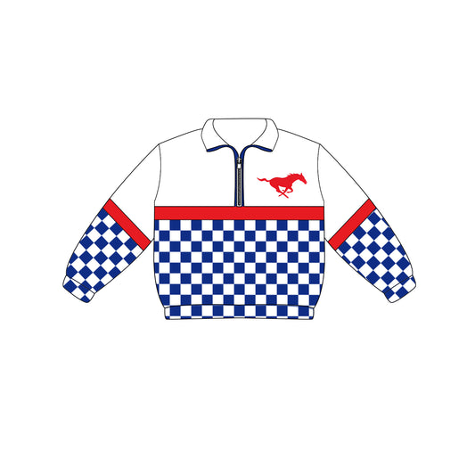 Custom moq 5 mix size milk silk summer teams Adult And Kids Long Sleeve Blue Checked Tee Shirts Zip Pullovers Tops