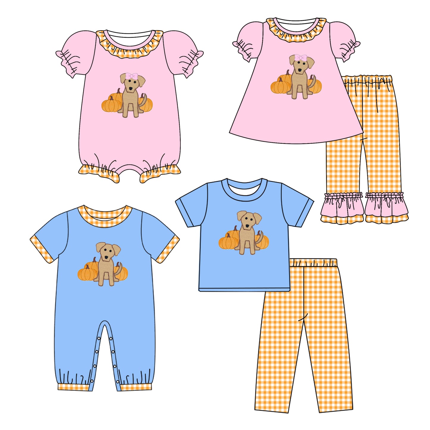 25.5.9 custom each style moq 5eta 4-6week Sibling Sisters pumpkin dog baby girl short sleeve pants sets 1 and sets 2 and romper 1 and romper 2 match family design