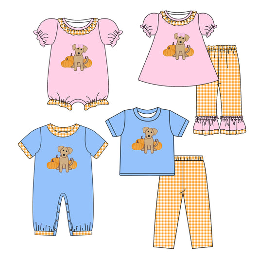 25.5.9 custom each style moq 5eta 4-6week Sibling Sisters pumpkin dog baby girl short sleeve pants sets 1 and sets 2 and romper 1 and romper 2 match family design