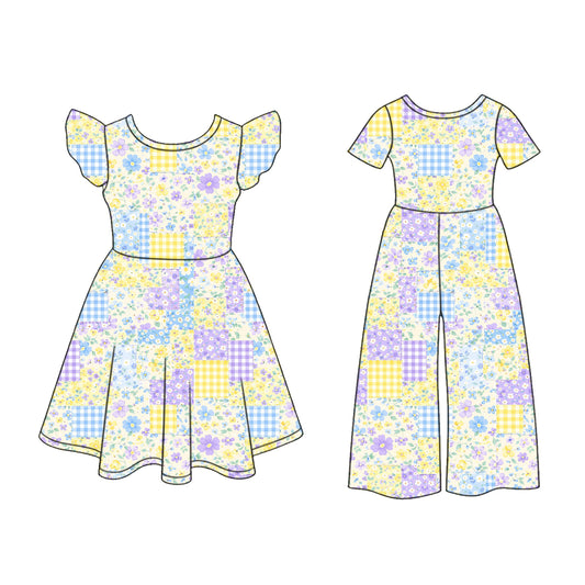 3.5 Custom moq 5 mix size Sibling Baby Girl's Flowers Flutter Sleeve Dress And Matching Short-Sleeved Jumpsuit Outfit Set