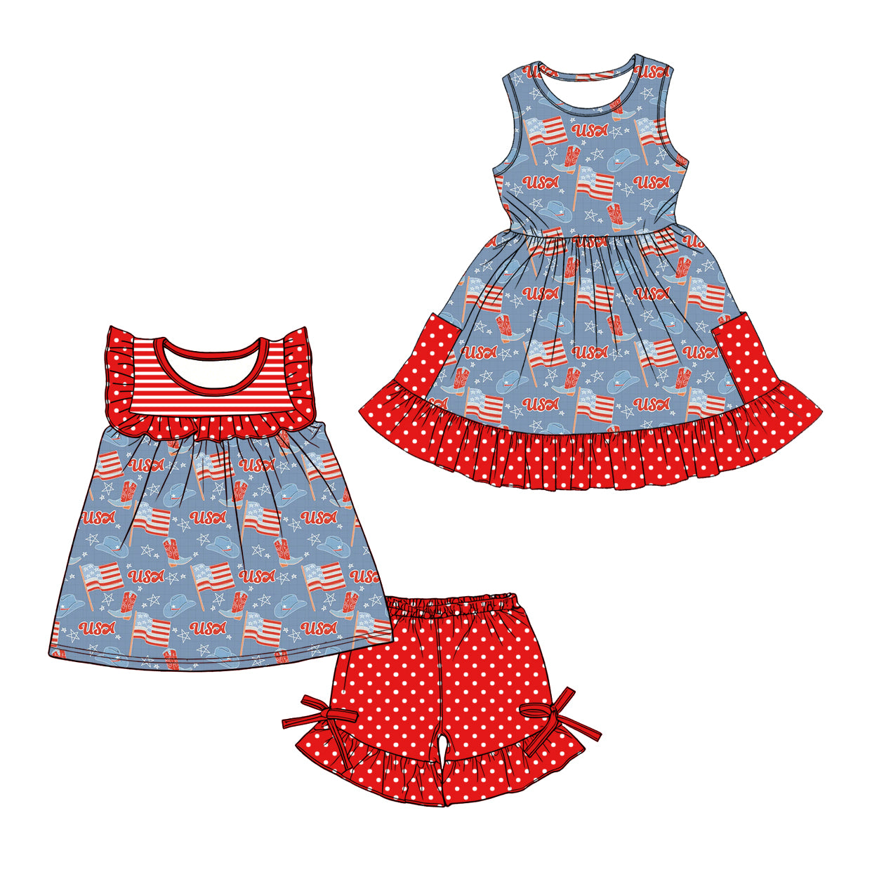 Custom moq 5 mix size Sibling Baby Girl's red sleeveless Top And Shorts Set Cute Dress for Summer