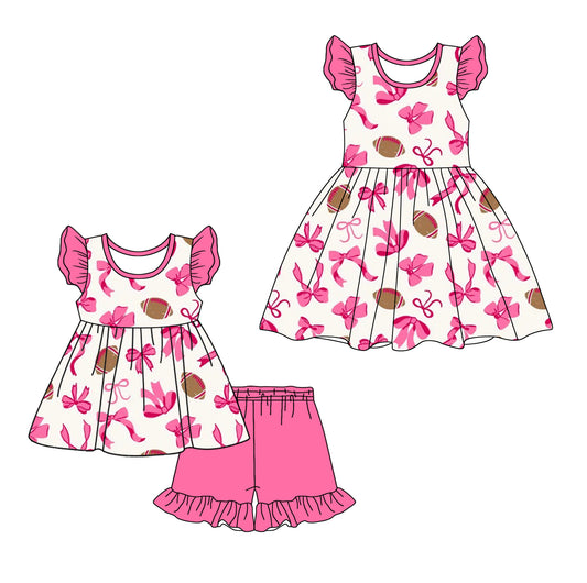 12.18 custom each style moq 5eta 4-6week Sibling Sister rugby bow pink baby girl short sleeve shorts sets and dresses match design