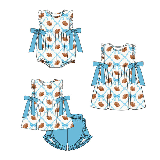 11.25 custom each style moq 5eta 4-6week Sibling Sister rugby bow blue baby girl short sleeve shorts sets and dress and rompers match family design