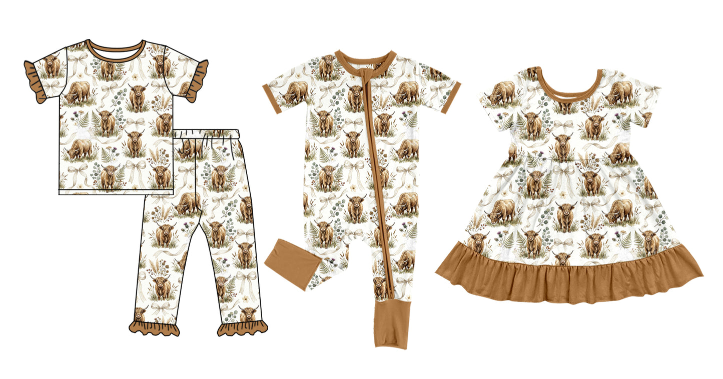 3.9 Custom moq 5 mix size Sibling Baby Girl Brown Short-Sleeved Pajama Set  Zipper Romper And Dress Outfit