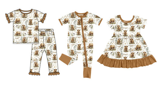 3.9 Custom moq 5 mix size Sibling Baby Girl Brown Short-Sleeved Pajama Set  Zipper Romper And Dress Outfit