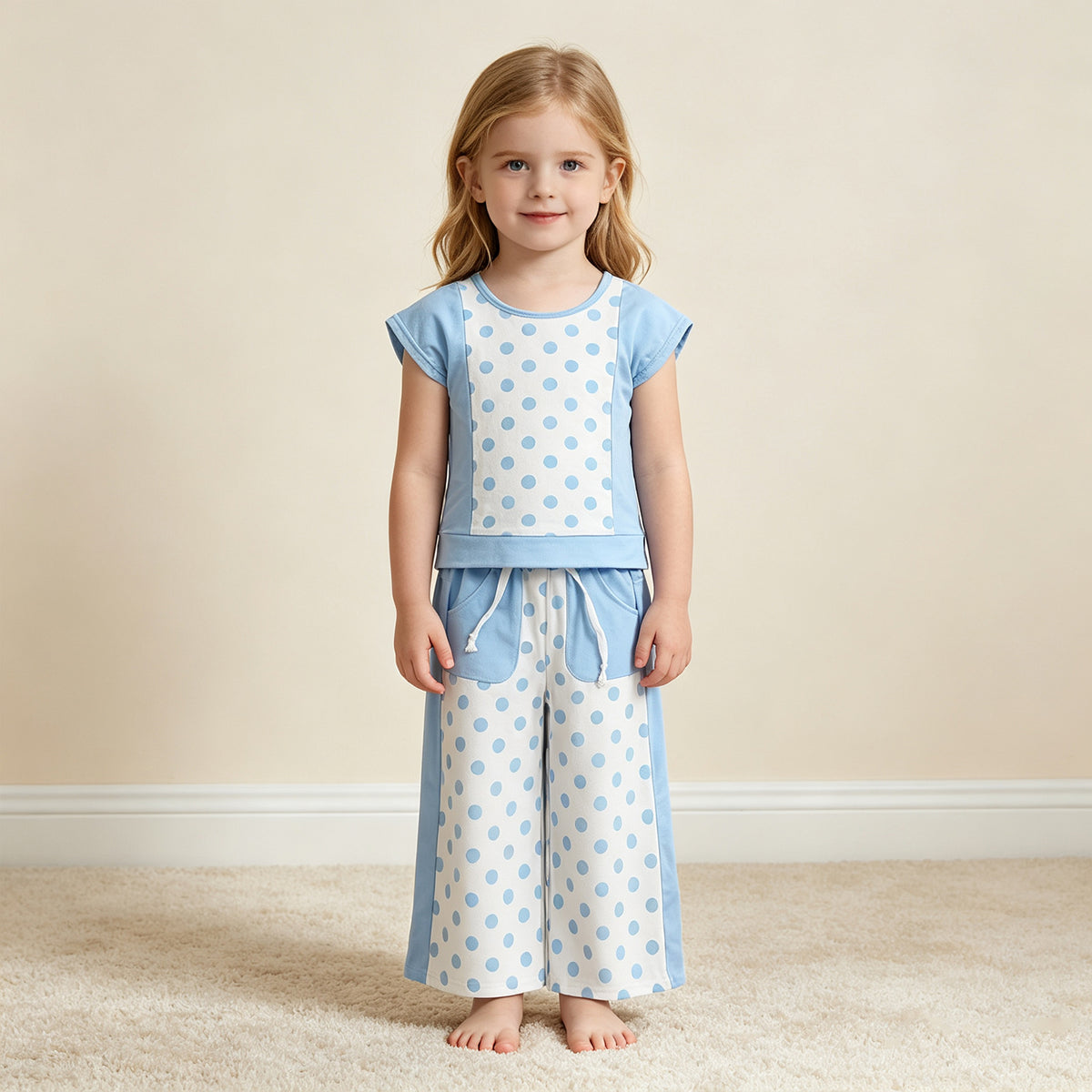 NEW RTS NO MOQ milk silk GSPO2334 Baby Girls Blue Polka Dots Print Top With Pockets Flare Pant Set