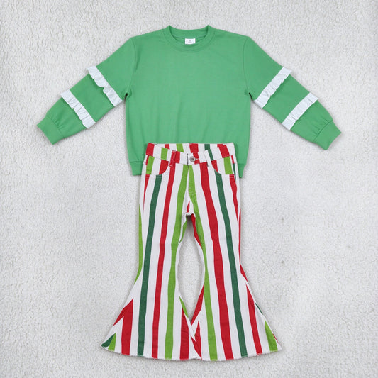 NEW RTS NO MOQ Denim GT1858+ P0484 Baby Girls Green White Patchwork Long Sleeve T-shirts Top Christmas Stripes Bell Flare Denim Pants Sets