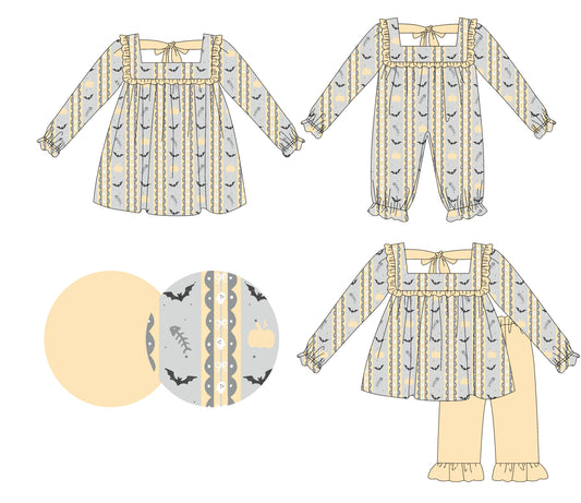 25.6.4 custom each style moq 5eta 4-6week Sibling Sisters bat pumpkin baby girl long sleeve pants sets and dress and rompers match family design