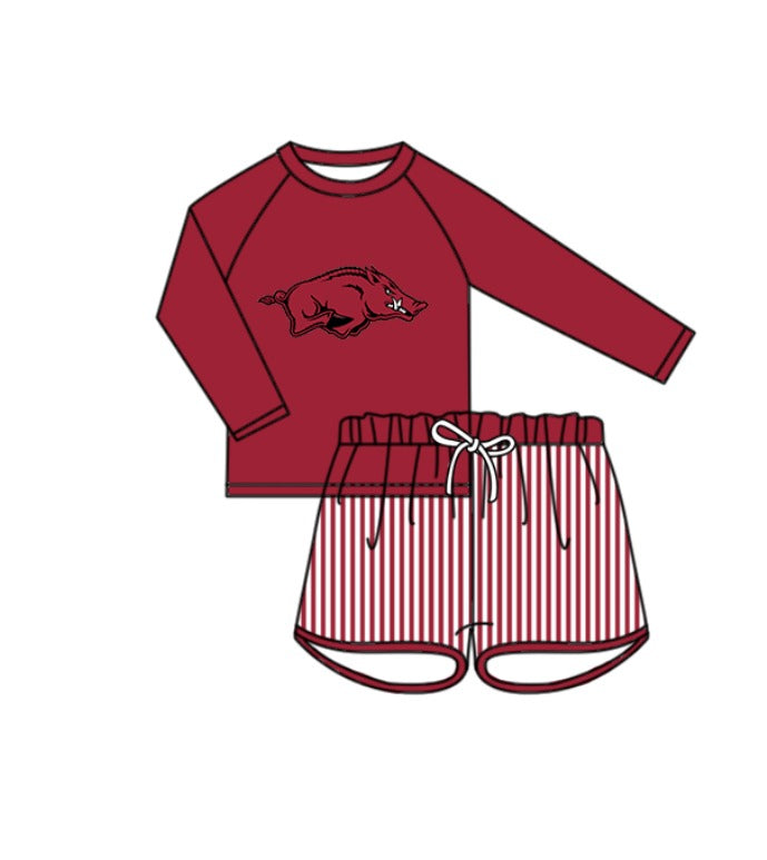 Custom moq 5 mix size milk silk summer teams baby girl boys clothes Red Two-Piece Swimsuit Set One Piece Swimsuits boy swim trunks
