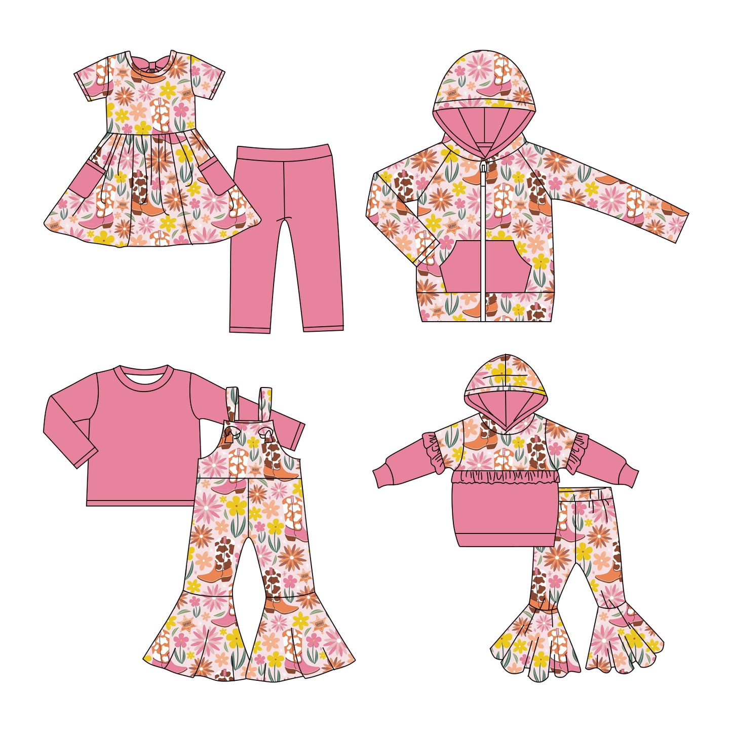 25.11.7 custom each style moq 5 eta 6-8week Sibling Sisters boot floral baby girl hooded long sleeve pants sets and top and and short pants sets and jumpsuit set match family design