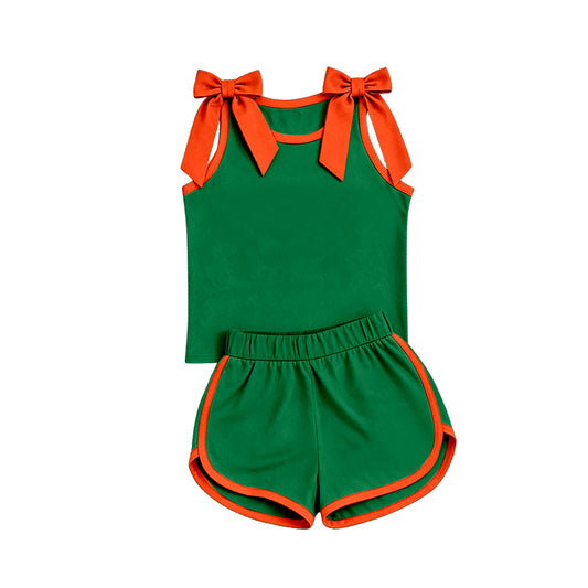 custom moq 5 mix size Baby Girls Orange Bow Green Sleeveless Top Shorts Clothes Set