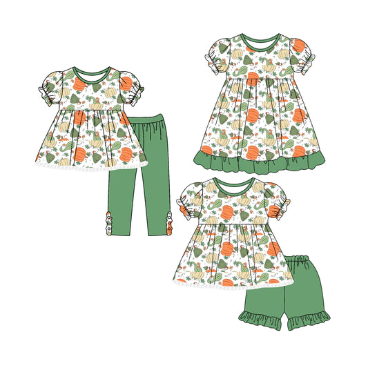 4.30 custom each style moq 5eta 4-6week Sibling Sisters pumpkin baby short sleeve shorts sets and pants sets and dress match family design