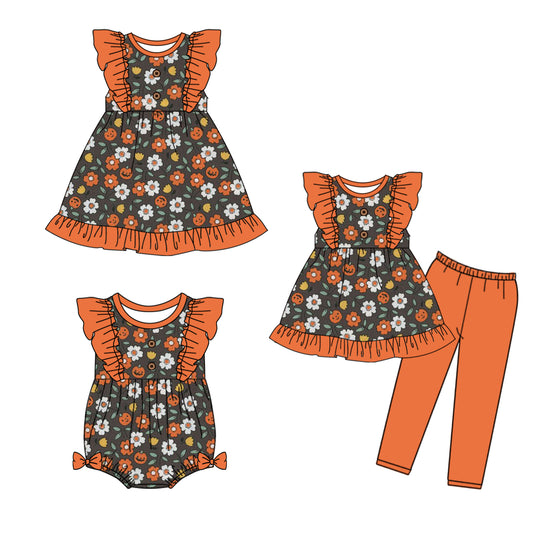 5.6 custom each style moq 5eta 4-6week Sibling Sisters floral baby girl short sleeve pants sets and dress and rompers match family design