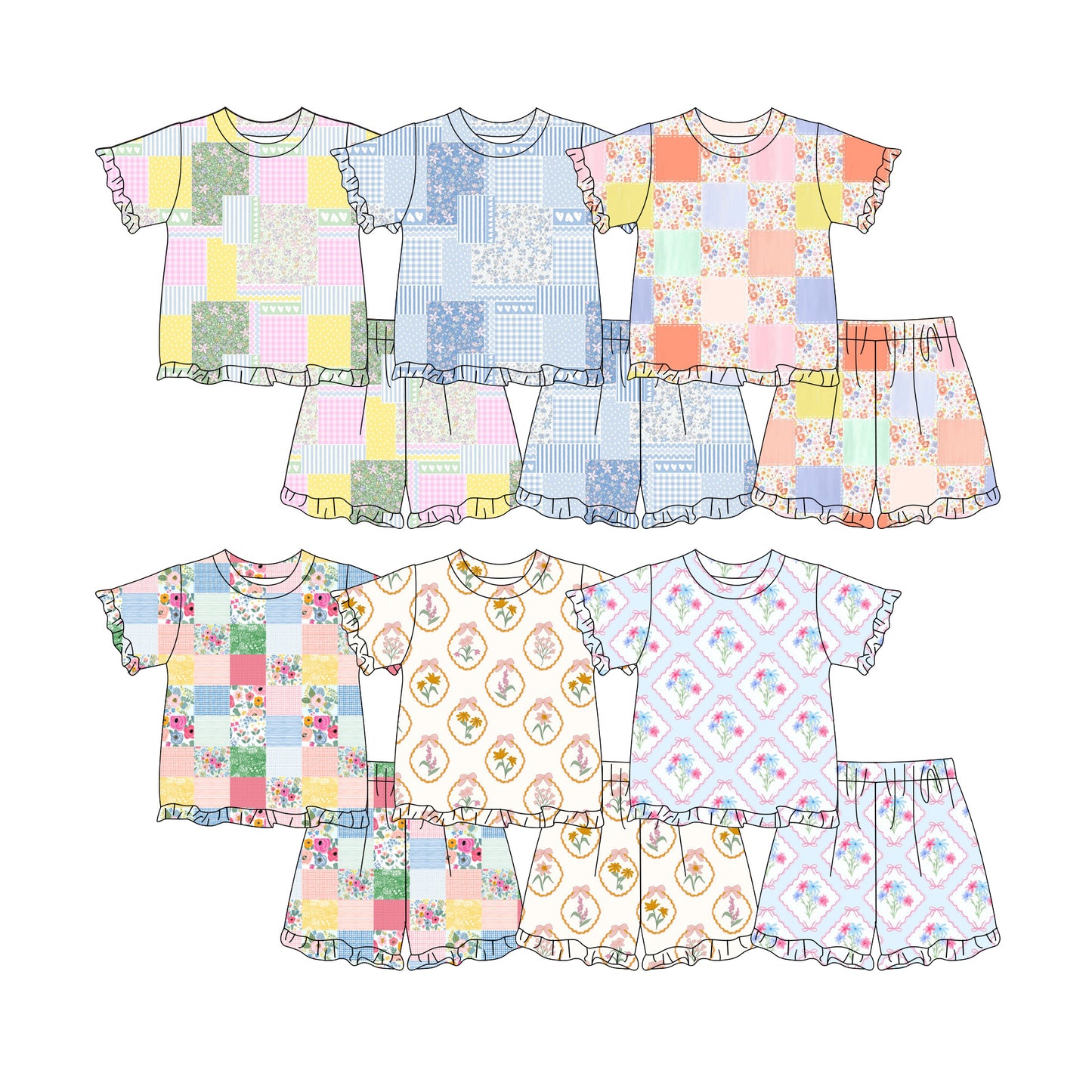 Custom moq 5 mix size Sibling Baby Girls Floral Print Short-Sleeved Pajama Set with Top And Shorts Comfortable Sleepwear for Little Ones