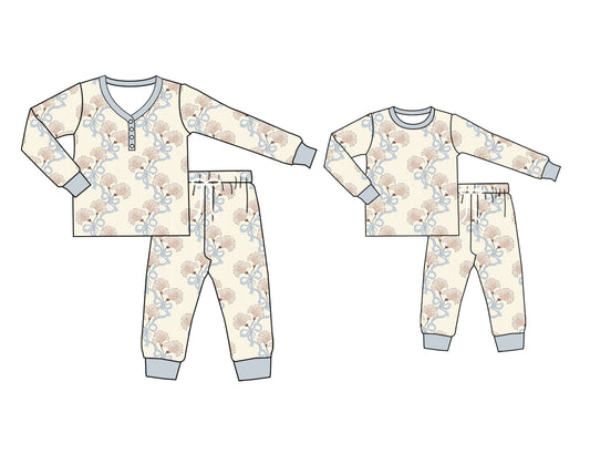 25.6.20 custom each style moq 5eta 4-6week Sibling Sister bow long sleeve pants sets and adult sets match design